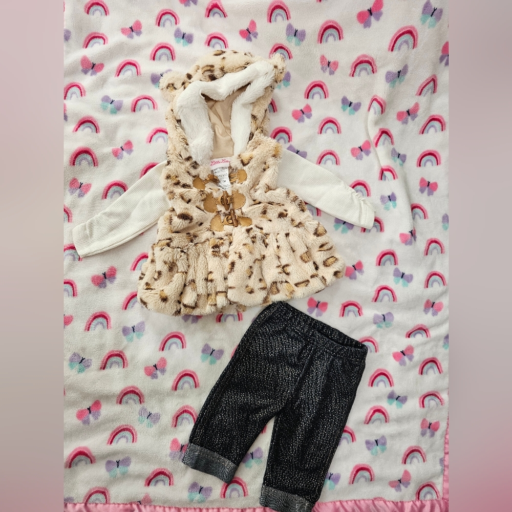 Baby Leopard Print Faux Fur Vest/top with Black Pants